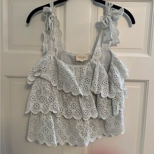 Sezane Sky Blue Eyelet Ruffle Blouse